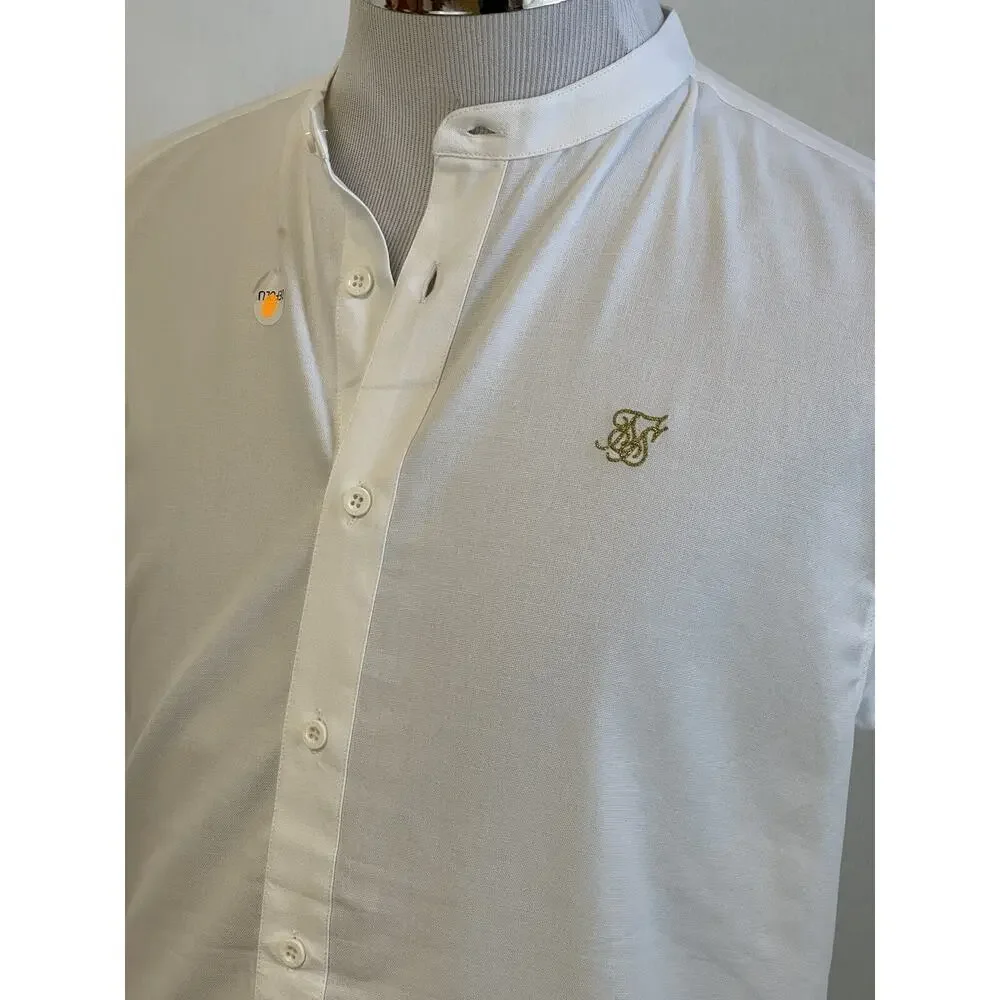 SikSilk Shirt Mens Medium Button Up Solid White Sik Silk Short Sleeve Cotton N38